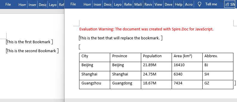 Bookmark content replaced with text and table