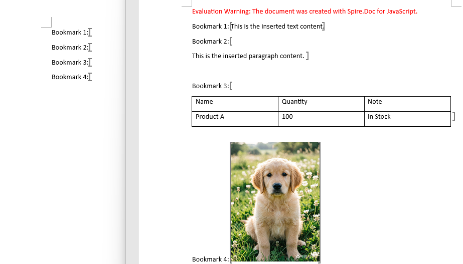 Text, paragraph, table, and image inserted at bookmark positions