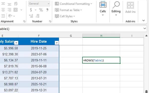 Count Rows in Excel Table