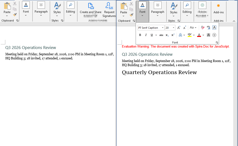 The document produced after the private font has been embedded