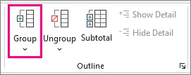 Excel Group command in the Outline section used to group selected rows