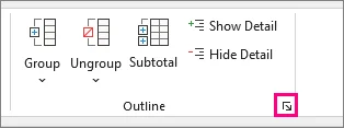 Excel Outline dialog launcher used to open grouping settings