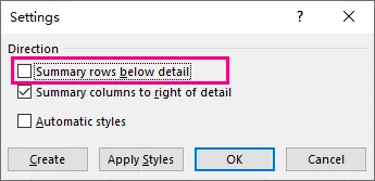 Excel Outline Settings dialog with Summary rows below detail cleared