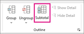 Excel Subtotal command in the Data tab Outline group