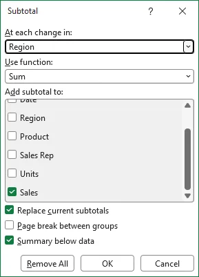Excel Subtotal dialog configured to group by Region and sum Sales