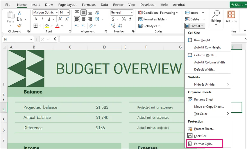Excel Format Cells dialog opened from the Home tab