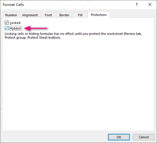 Excel Protection tab with the Hidden option enabled