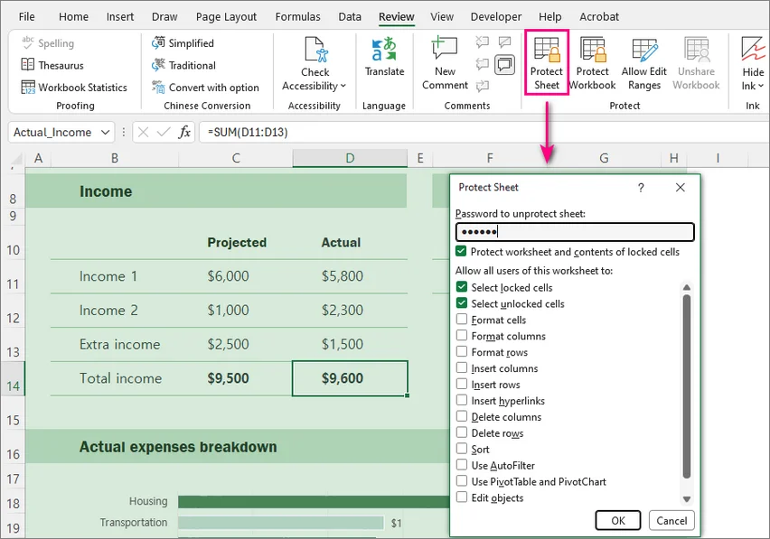 Excel Protect Sheet dialog used to activate formula hiding