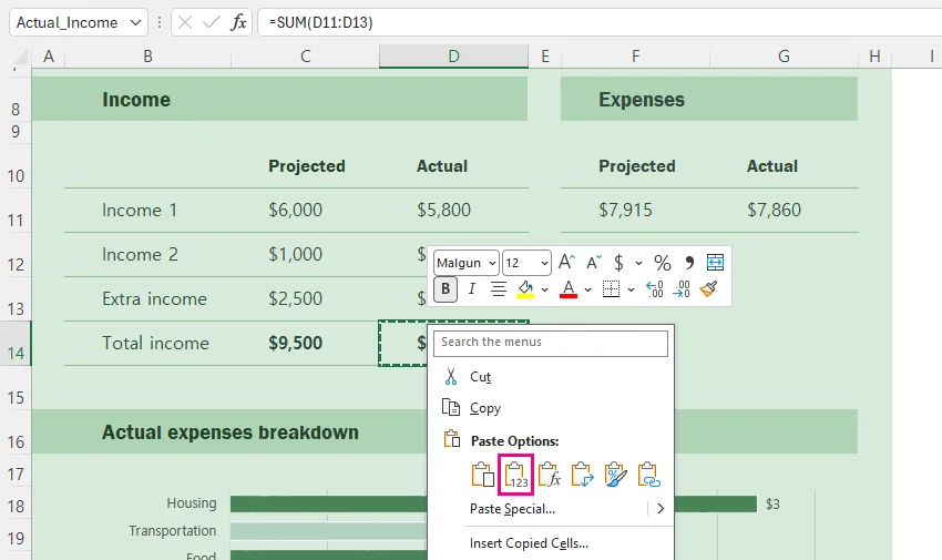 Excel Paste Options menu with the Values option selected