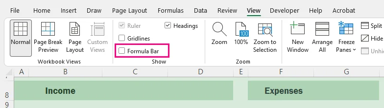 Excel View tab with the Formula Bar option disabled