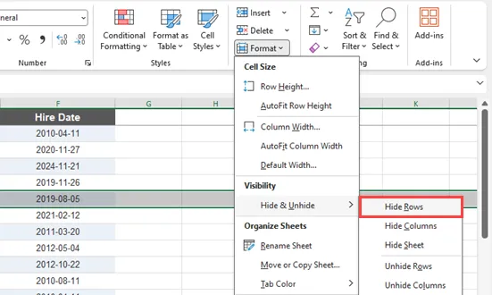 Select Hide & Unhide > Hide Rows