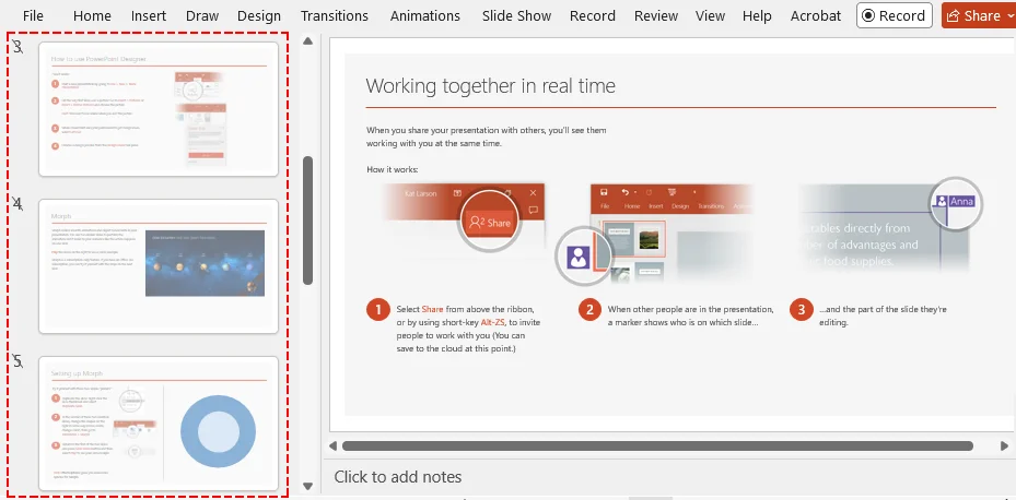 Selecting multiple slide thumbnails in PowerPoint to hide them all at once