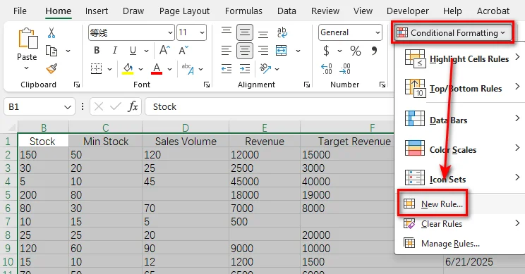 Add a new rule for conditional formatting