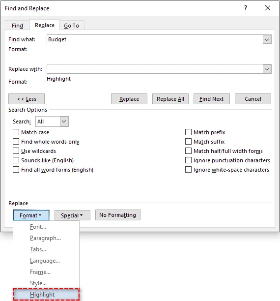 Click Highlight in the Find and Replace Dialog