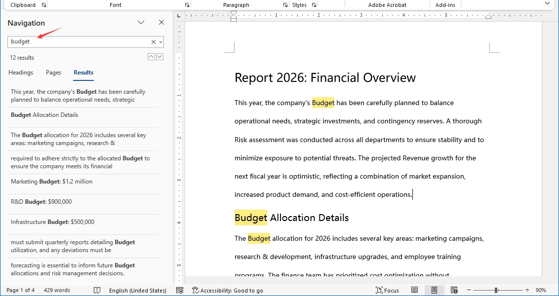 Use Navigation Pane to Temporarily Highlight Keywords in Word