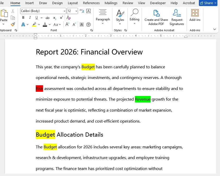 Result of automating text highlighting in Word using C#