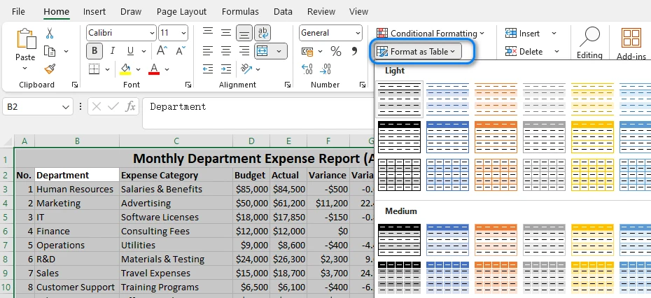 Format Cells as a Table in Excel