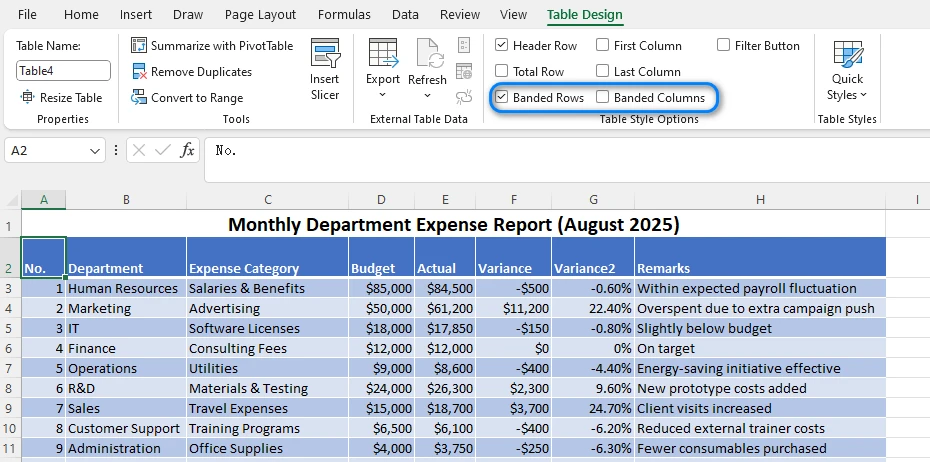 Adjust Table Settings in Excel