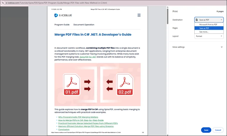 screenshot of using browser built-in feature to convert html file into pdf format