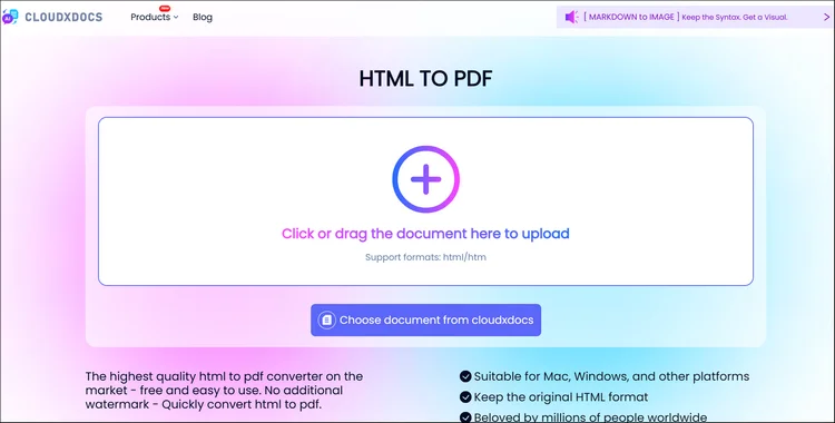 main interface of cloudxdocs online html to pdf converter