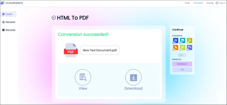 result page of cloudxdocs changing html to pdf format