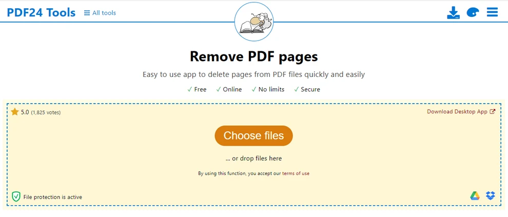 Image showing how to upload a PDF file in PDF24 Tools PDF page remover