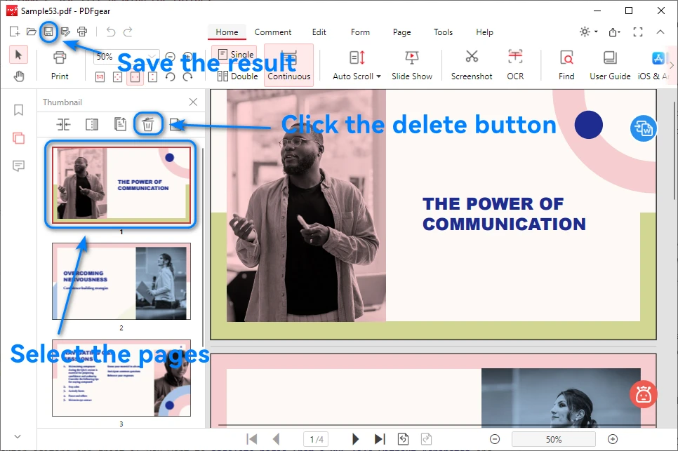 Image showing how to delete pages from a PDF in PDFgear