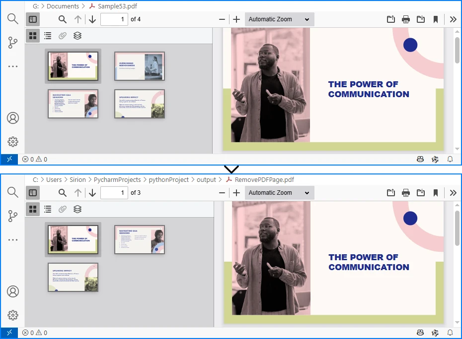 Image showing the PDF document before and after removing a page using the above Python code
