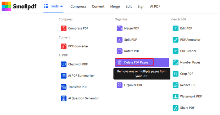 steps of deleting pages from a pdf file with smallpdf