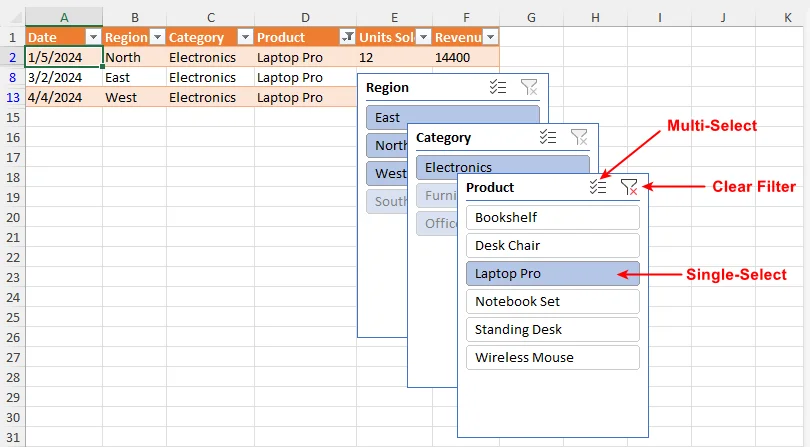 Um painel de segmentação do Excel mostrando a Seleção Múltipla, o botão Limpar Filtro e uma lista vertical de valores de filtro.