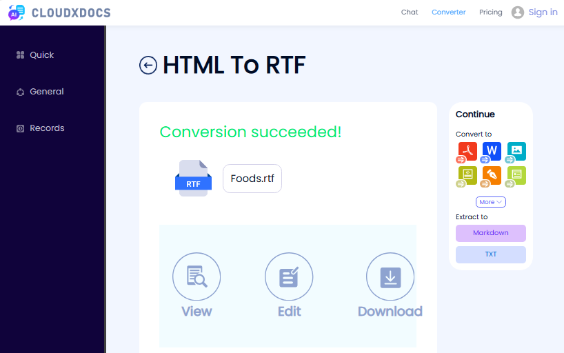 Risultato del convertitore online CLOUDXDOCS da HTML a RTF