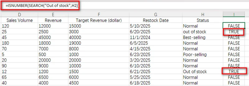 Check If Cells Contain Specific Text with SEARCH Formula