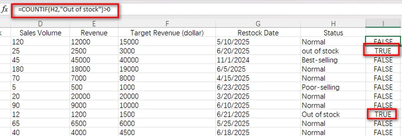 Check If Cells Contain Specific Text with COUNTIF Formula