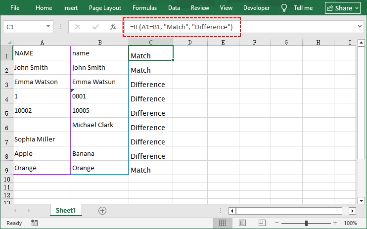 Fórmula IF do Excel mostrando ‘Correspondência’ ou ‘Diferença’