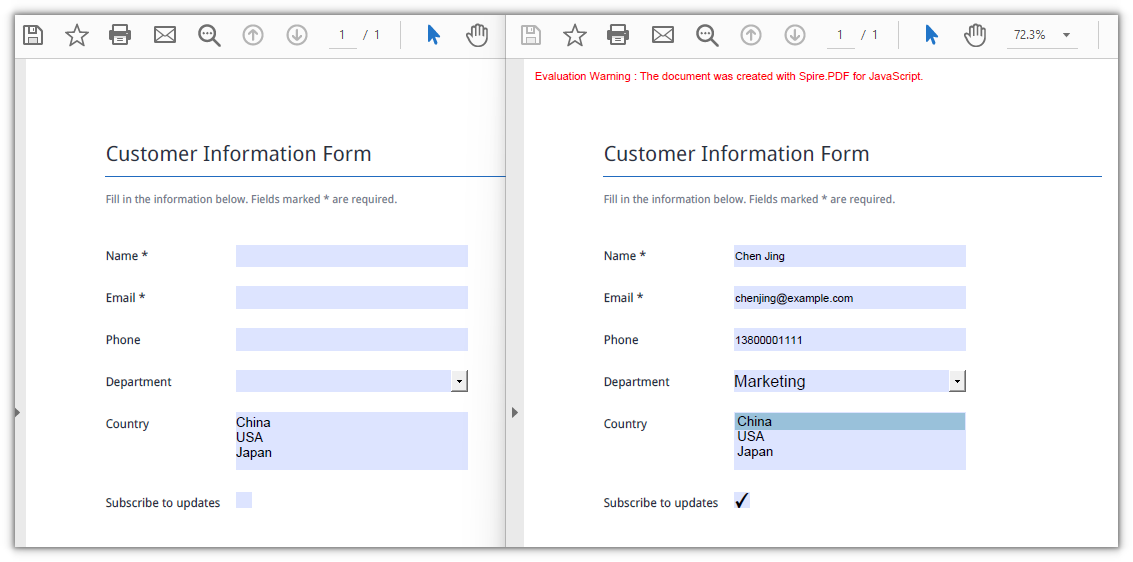The form after the XML data has been imported