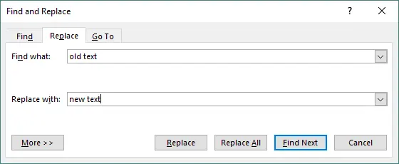 Enter text to find and for replacement