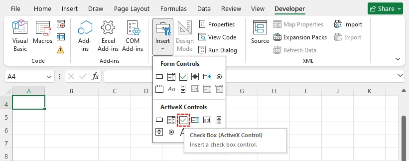 Select Check Box icon under ActiveX Controls