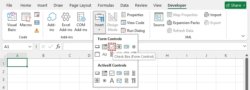 Select the Check Box icon under Form Controls