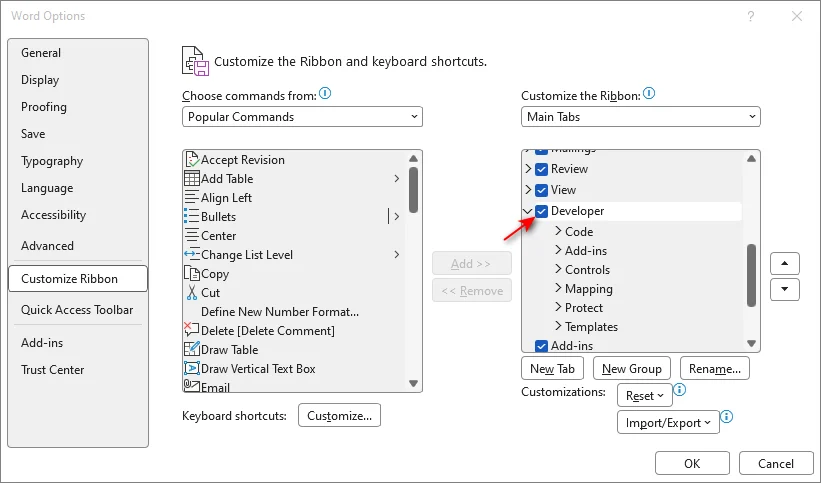 Enable Developer tab in Word to insert checkboxes