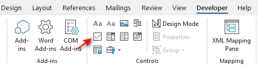Click Check Box Content Control icon in Word Developer tab