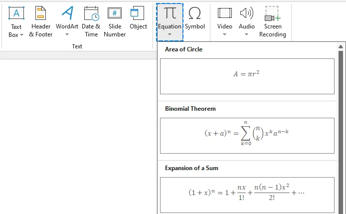 PowerPoint Equation dropdown showing the built-in equation gallery