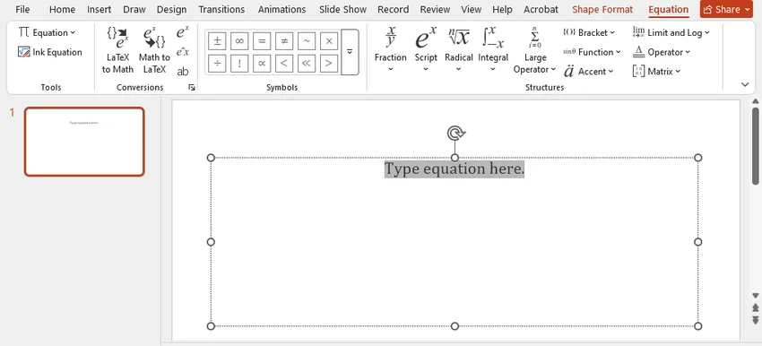 A blank equation placeholder inserted on a PowerPoint slide