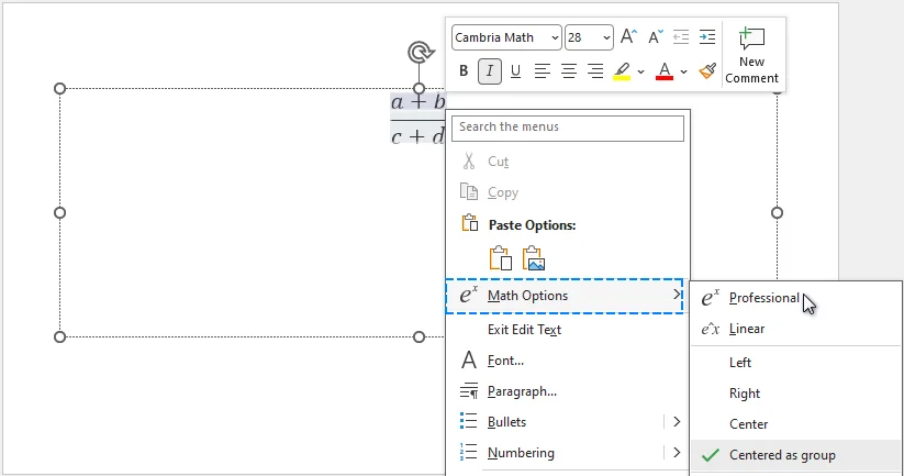 A linear expression converted into a professionally formatted equation in PowerPoint