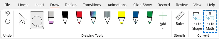 PowerPoint Ink to Math tool converting a handwritten formula into an editable equation