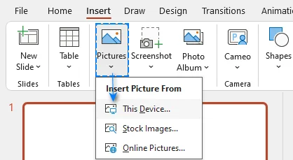 PowerPoint Insert Pictures menu used to add an SVG or PNG equation image