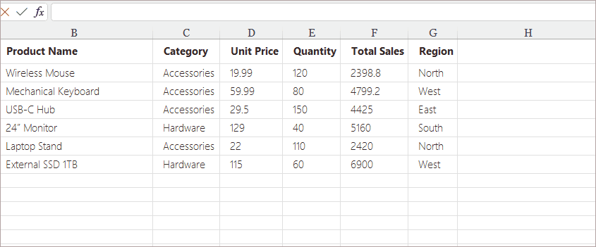 Insert formulas using formula bar