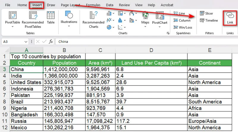 Insert a Hyperlink in Excel Using the Link Feature