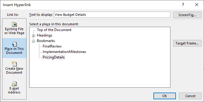 Microsoft Word dialog showing headings and bookmarks as destinations for an internal hyperlink