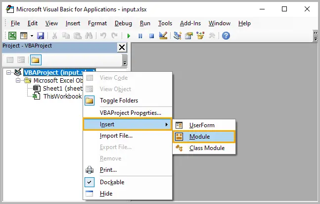 Insérer un module dans l'éditeur VBA