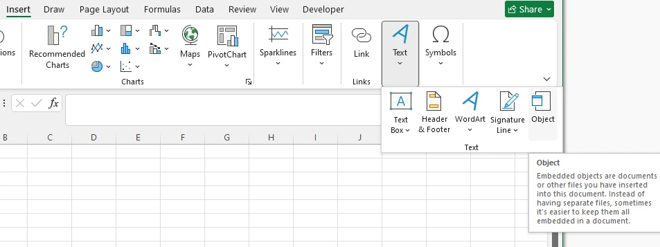 Insert Object feature in Microsoft Excel